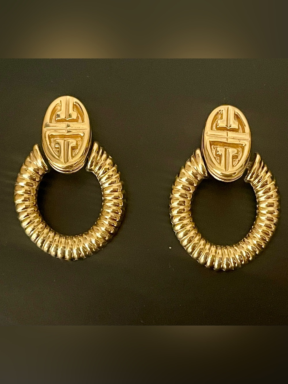Vintage Givenchy Logo Door Knocker Earrings Gold Plated